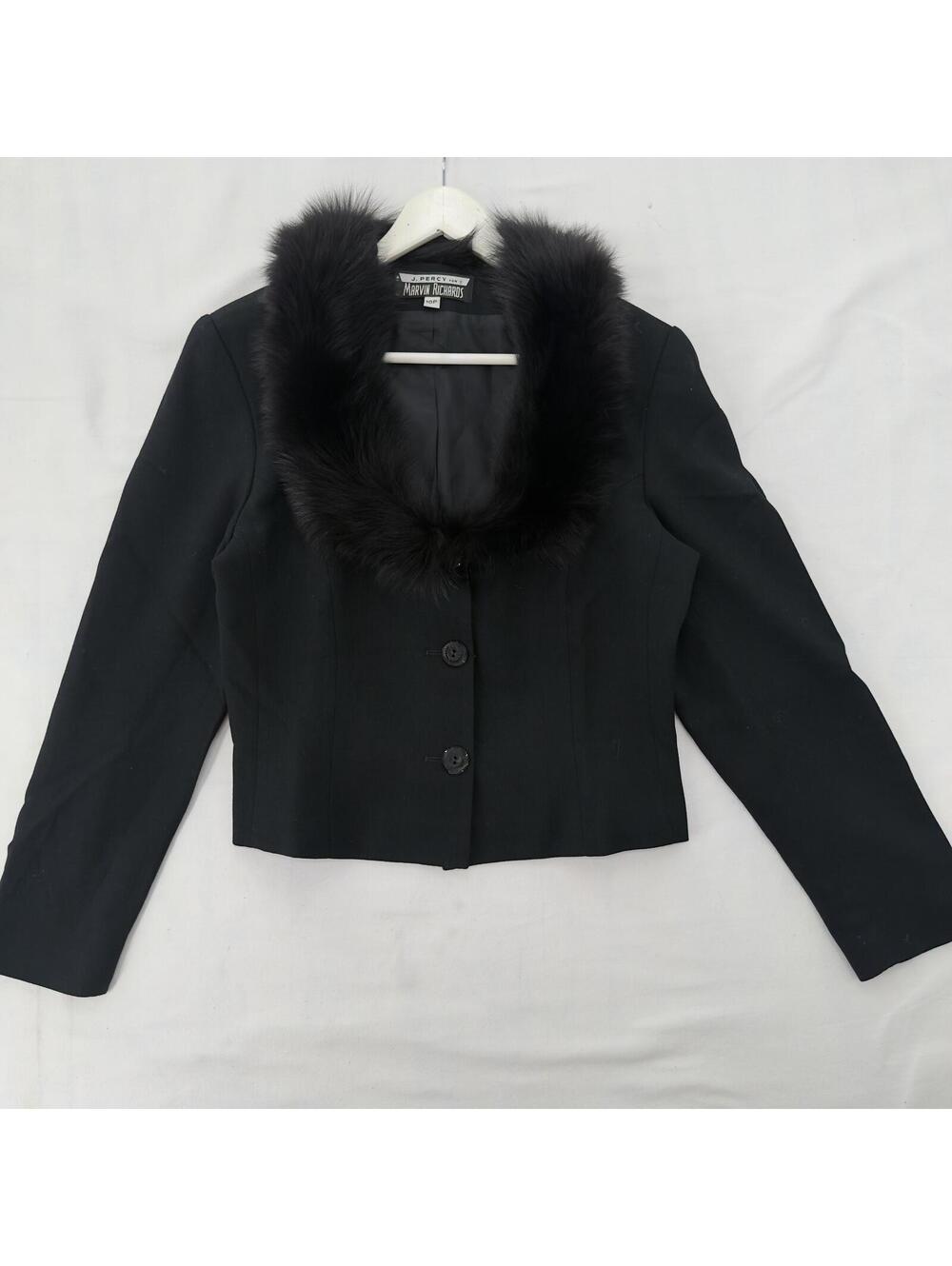 80s J. Percy for Marvin Richards Black Tailored Blazer Fox Fur Collar Size 10P